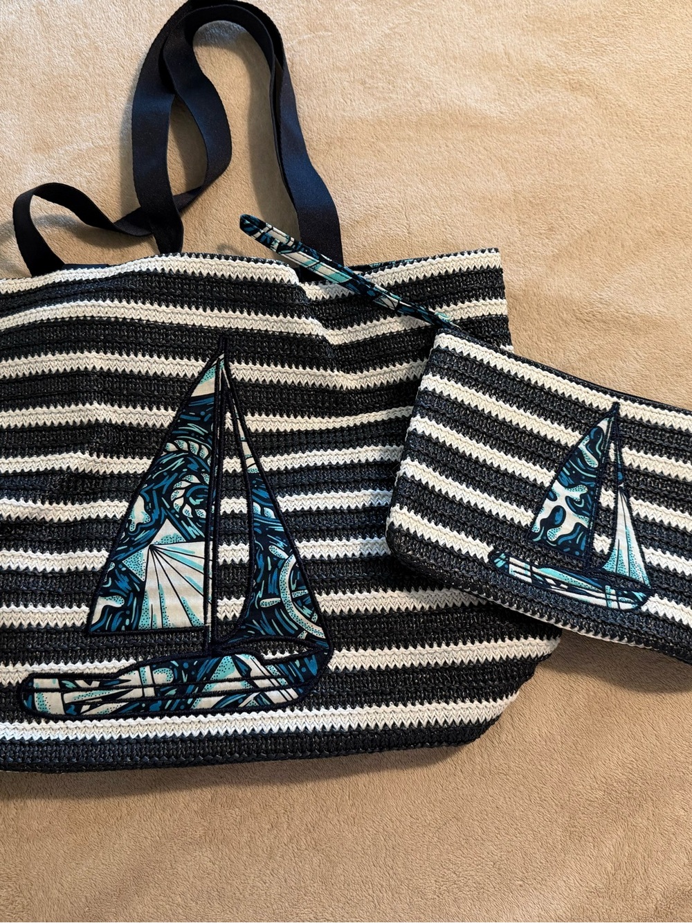 Vera Bradley Black & White Striped Tote with Blue Sailboat Appliqué